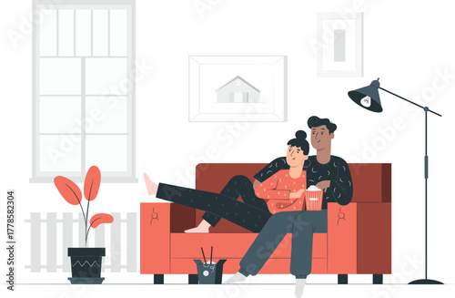 Couple Relaxing on Sofa with Popcorn staying
