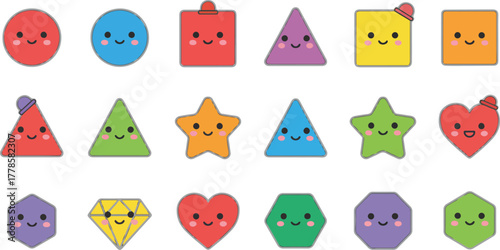 Basic geometric shapes kids, black and colorful cute flat icons set, cartoon characters isolated on transparent background. Education and children game. Geometric primitives vector collection