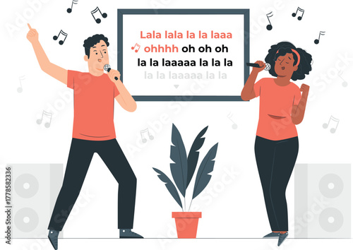 Couple singing karaoke with lyrics on screen music