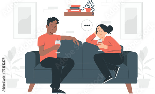 Couple sitting on sofa with wine glasses and speech bubble couch
