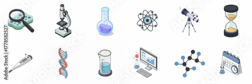 Isometric Style Science and Research Equipment and Tools Icon Set Illustration