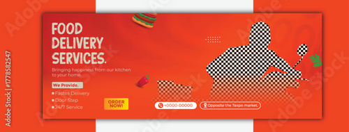 Food delivery service social media cover design with courier on scooter