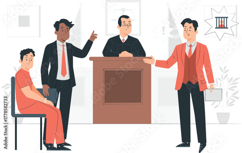 Courtroom scene with judge lawyer defendant and prosecutor Keywords: courtroom, justice, law