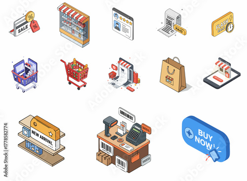 Isometric Detailed E-commerce Elements and Shopping Item Isolated Icons Set