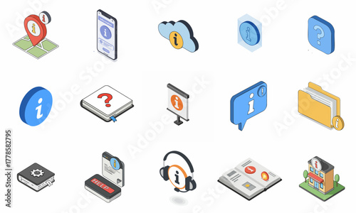 Isometric Information Symbol Icon Set with Modern Design and Colorful Elements