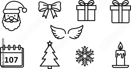 Christmas holiday icon set with Santa, gifts, tree, snowflake, candle, bow and wings, festive winter celebration line art collection