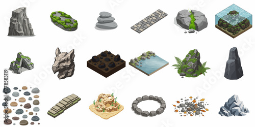 Pixelated Isometric Rock Element Collection For Game Development and Landscape Design