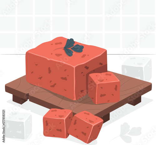 Cubes of red meat on a wooden platter with parsley garnish beef pork