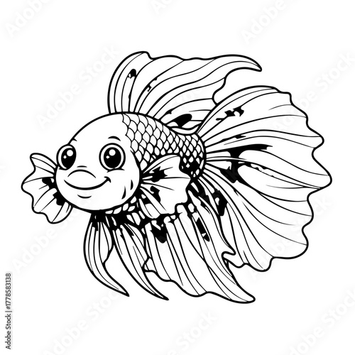 A cheerful, cartoonish illustration of a betta fish with flowing fins, ready to swim in its aquatic home