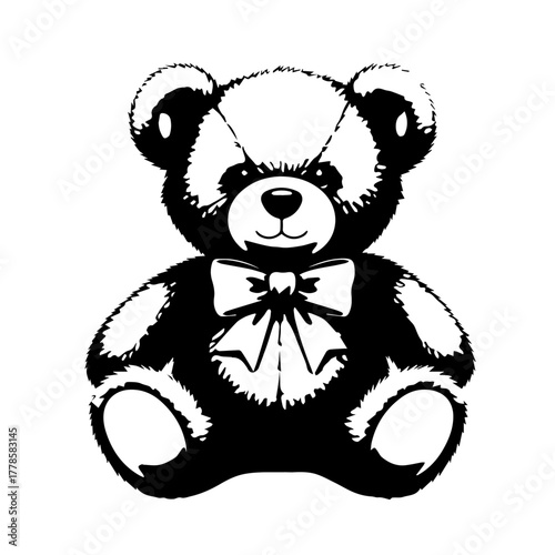 A charming black and white vector illustration of a classic teddy bear with a bow, symbolizing childhood innocence and comfort