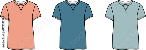 Three Short-Sleeved T-shirts in Different Colors Peach, Teal, and Light Blue