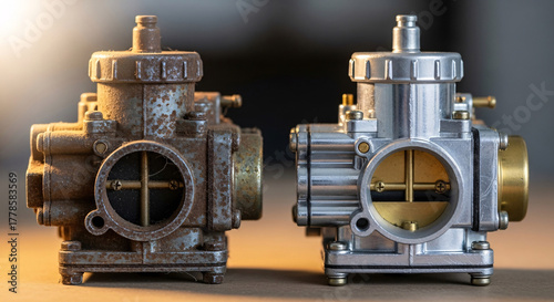 Vintage motorcycle carburetor before and after restoration, rusty engine part vs polished chrome component, mechanical repair and maintenance comparison