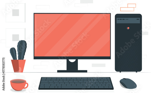 Desktop Computer Setup with Cactus and Coffee vector illustration