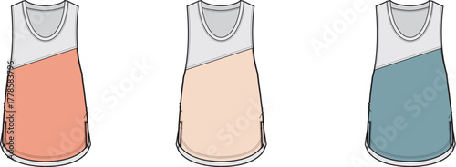 Vector illustrations of women's sleeveless tank tops, featuring a diagonal color block design. This set displays three varied color palettes, perfect for fashion apparel concepts, textile mockups