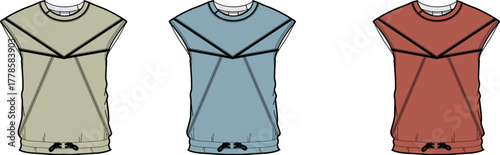 Three t-shirts in different colors beige, blue, and red, presented in a flat design style with clear outlines and simple graphics