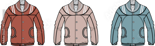Set of three colorful bomber jackets featuring stripes and buttons, presented in a clean illustration style