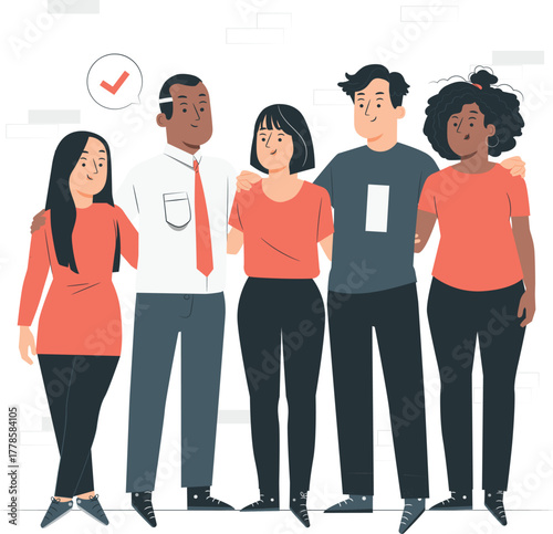 Diverse group of friends or colleagues standing together with arms around each other people unity