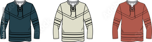 Set of three casual long-sleeved shirts with lace-up neckline and striped details, presented in teal, cream, and rust colors