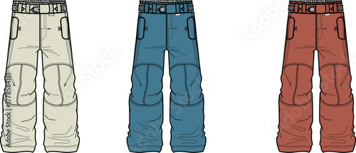 Fashion flat sketch illustration of waterproof outdoor cargo pants with knee pads, showing a sportswear template in three color options