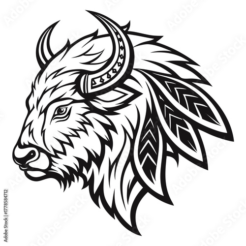 Detailed monochrome illustration of a bison head with decorative tribal elements and sharp horns design
