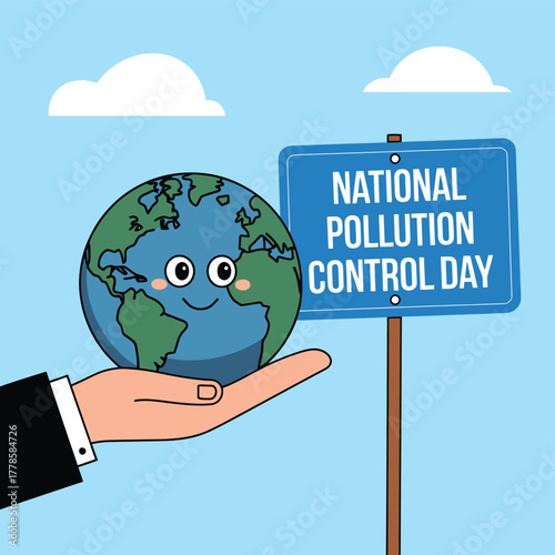 Vector art of a smiling cartoon earth held in a hand next to a sign for national pollution control day, promoting environmental care and protection