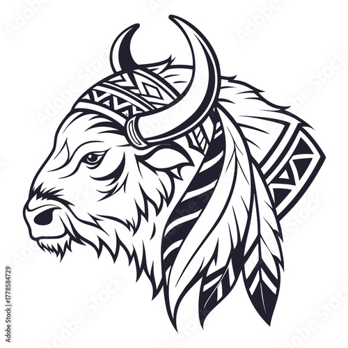 Detailed monochrome illustration of a bison head with native american headdress and feathers design