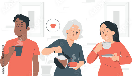 Diverse people enjoying coffee together in a minimalist setting drinking beverage