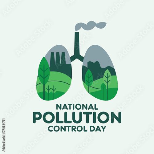Vector art of national pollution control day concept showing lungs filled with industrial landscape and green nature, symbolizing air quality and health
