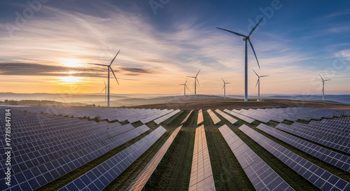 Wallpaper Mural Expansive solar farm with wind turbines at sunrise, symbolizing sustainable energy generation and a commitment to a greener future through clean power technology Torontodigital.ca