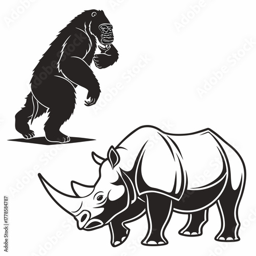 Illustration showing a gorilla standing and a rhinoceros in black and white vector format design