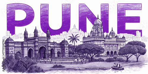 Pune Skyline Sketch with Cultural Landmarks for Tourism – Hand-Drawn Vector Featuring Shaniwarwada, Dagdusheth Temple, Aga Khan Palace, and University Dome – Perfect for Travel Posters and Souvenirs