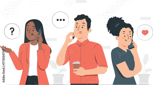 Diverse people talking on phones with speech bubbles and icons communication connection