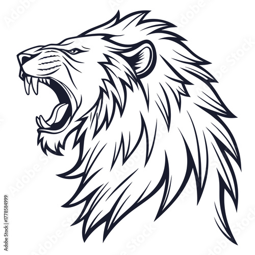Detailed line art drawing of a roaring lion head with a prominent mane and sharp teeth displayed clearly