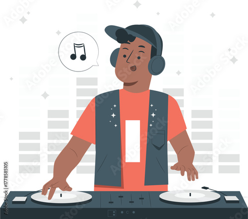 DJ wearing headphones playing music on turntables disc jockey party