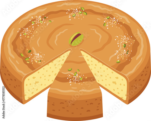 Detailed Illustration of a Delicious Basbousa Cake with Pistachio Topping Dessert