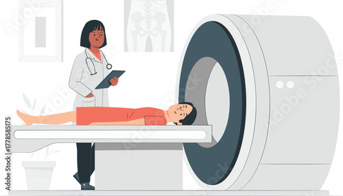 Doctor and Patient in MRI Machine Room with X-ray medical healthcare