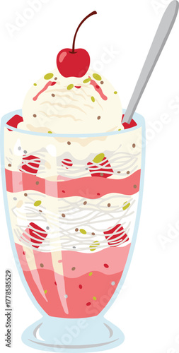 Flat Colorful Illustration of a Delicious Ice Cream Sundae Dessert