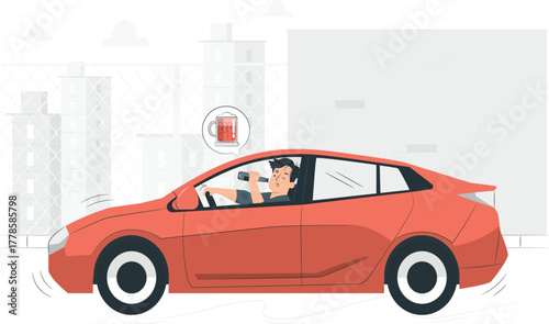 Drunk driver swerving in car with beer and bottle driving