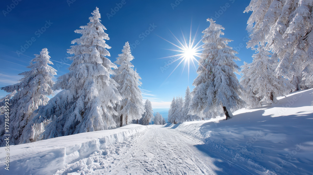 Fototapeta premium Snow covered pine trees line serene winter path, glistening under bright sun flare. tranquil scene invites outdoor enthusiasts to explore snowy landscape