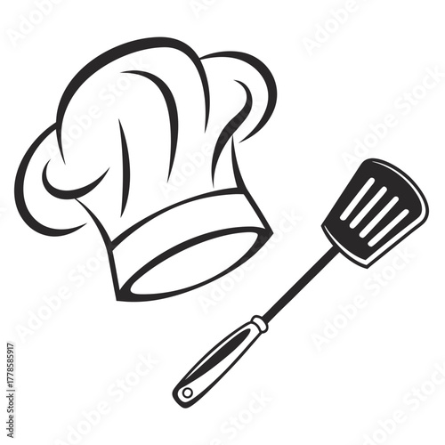 Chef's hat and spatula icon for cooking blog or restaurant brand identity, representing culinary arts and delicious food preparation, originally designed as vector art