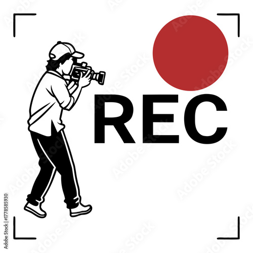 Dynamic recording icon with cameraman, lens flare, and bold REC text for filmmaking, videography projects, and creative media productions with a modern touch