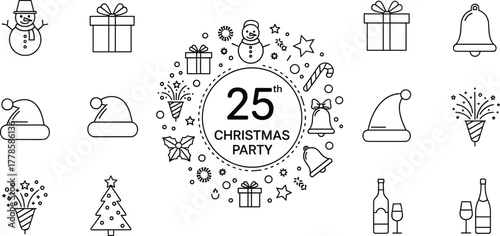 Christmas party line art illustration, 25th celebration design, winter holiday icons, Santa hat, gifts, snowman, bell, champagne, Christmas tree