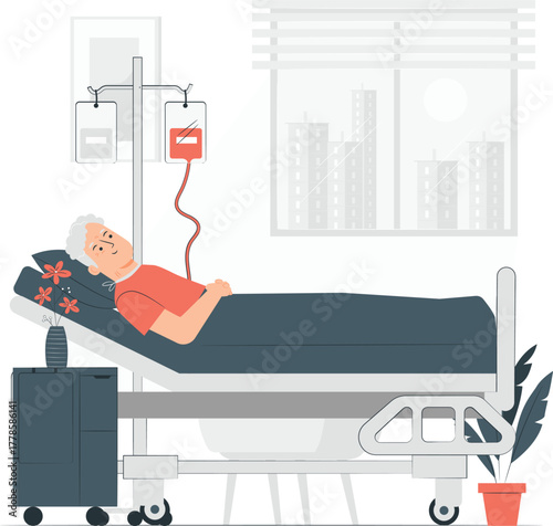 Elderly Patient Lying In Hospital Bed With IV Drip And City View sick