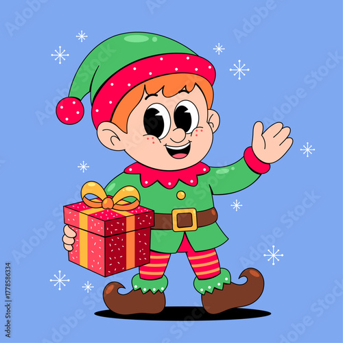 Happy Christmas Elf Waving with a Gift Box