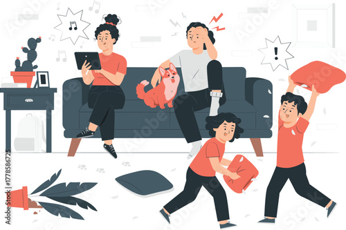 Family Chaos in a Living Room couch