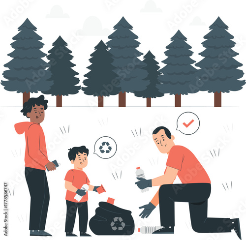 Family cleaning up park with recycling bags and trees Keywords: environment, nature