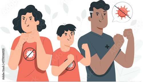 Family showing strength against coronavirus with clenched fists Keywords: family, parents, child