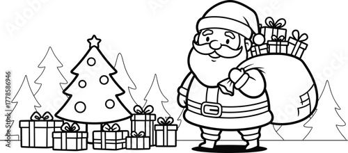 Cute Santa Claus with gift bag near Christmas tree and presents, festive holiday coloring page winter scene line art illustration