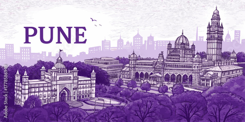 Pune Skyline Sketch with Cultural Landmarks for Tourism – Hand-Drawn Vector Featuring Shaniwarwada, Dagdusheth Temple, Aga Khan Palace, and University Dome – Perfect for Travel Posters and Souvenirs