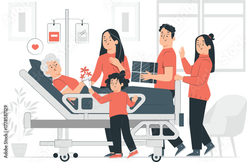 Family Visiting Patient In Hospital Room With IV Drip And Flowers sick